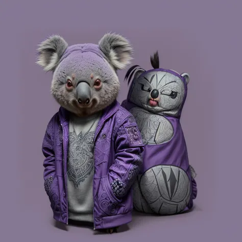 "Create a concept art mascot style image of a koala with purple fur and a purple jacket, working on a notebook, featuring (((intricate details))), (((best quality))), (((extremely detailed quality))), and (((complex composition)))." | Related artists: Crea...