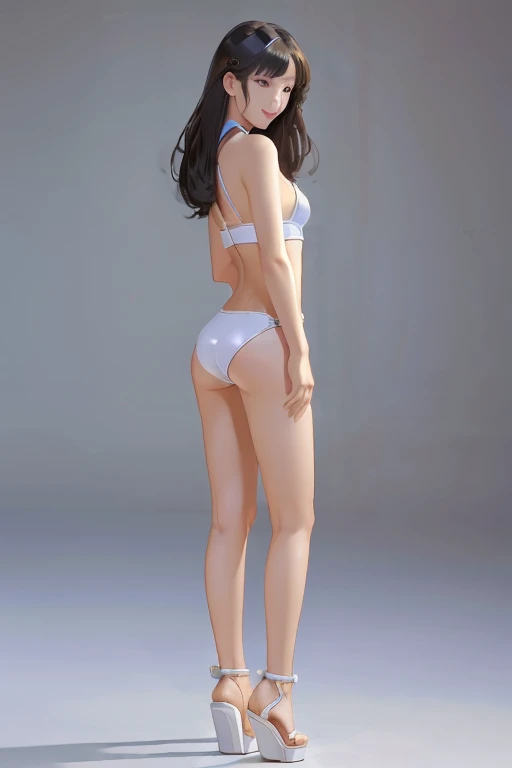 (full body:1.4),  Pretty 27 yo Chinese woman, Short, beautiful figure, cute butt. White bikini, wedge heels, (smile). Masterpiece, best quality,(highly detailed:1.2),(detailed face and eyes:1.2), 8k wallpaper, natural lighting. core shadows, high contrast,...