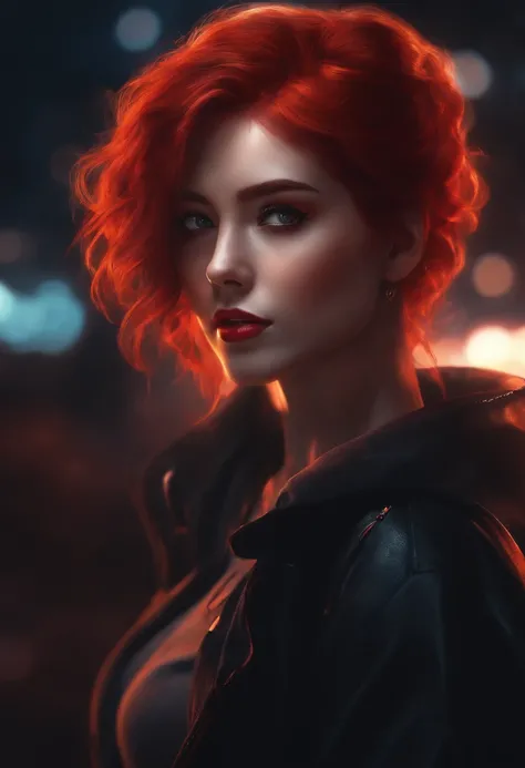 anime girl with glowing red hair and a dark cyberpunk background