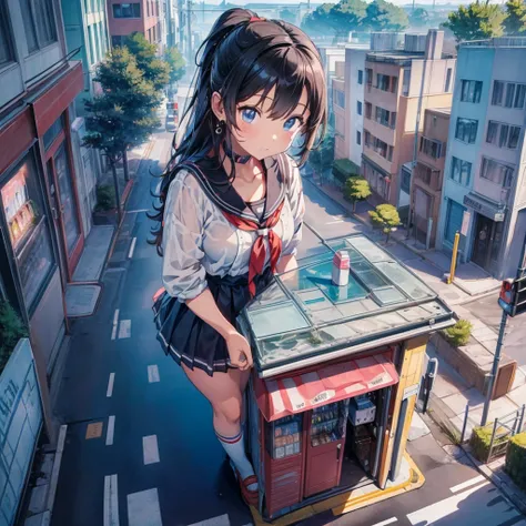 ((Top view))　((giant girl))　((giantess))　((Tall Girl))　((car))　((telephone pole))　((vending machine))　masterpiece　Unreal Engine　Anime Style　Delicate painting　4K　90s　giant　Multiple Girls　crowd　Residential Street 　Japanese house　　　Giant  standing on the road...