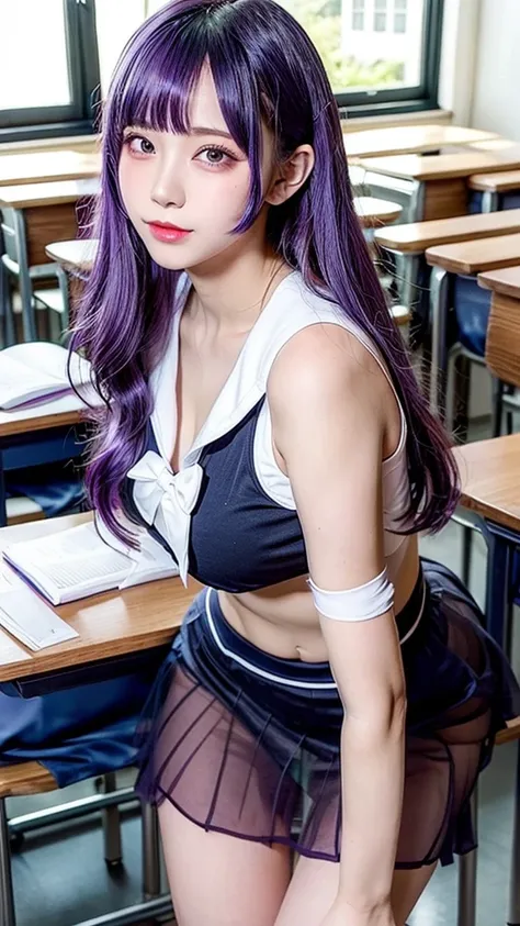 See-through sailor suit、Transparent nipples、Big Tits、Sheer skirt、Leaning forward、classroom、School、Purple Hair