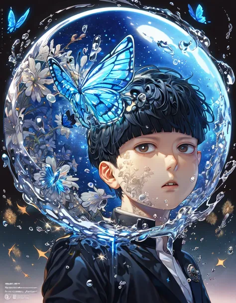 absurdres, highres, ultra detailed, HDR, master piece, best quality, extremely detailed, Kageyama Shigeo, black hair, expressive brown eyes, Mob Psycho 100, solo, man, handsome, black jacket, fantasy, water, sparkling, blue glittering fireflies, blue moon,...