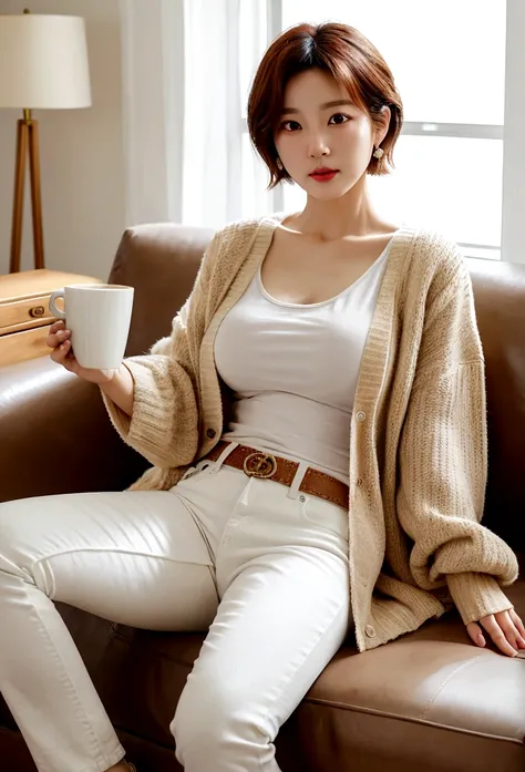 8k best picture quality, Beautiful 36-year-old Korean woman, short medium hair. Chest size 34 inches, Wearing a white T-shirt, a cardigan, and beige jeans.. luxury mansion living room, Sit on the sofa in a comfortable position and hold a coffee cup, full b...