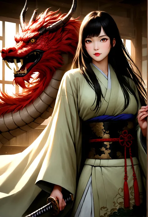 /imagine "A boy with long hair and handsome appearance wearing a kimono, with katanas on their waist, facing a Chinese dragon. The art must have anime features, be realistic and of high quality."