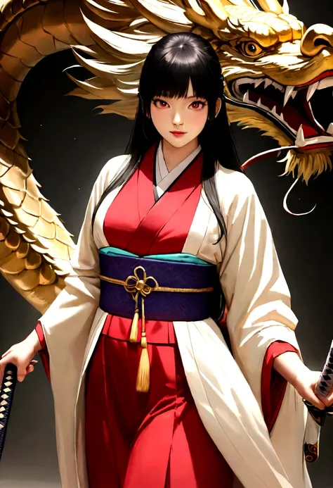 /imagine "A boy with long hair and handsome appearance wearing a kimono, with katanas on their waist, facing a Chinese dragon. The art must have anime features, be realistic and of high quality."