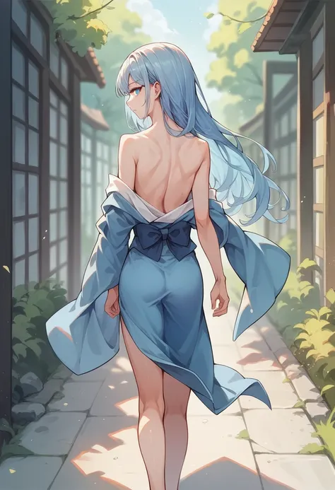 anime school girl, wear a sexy outfit, short kimono, bare arms, bare back, bare shoulders, walking, long hair, light blue hair, ...