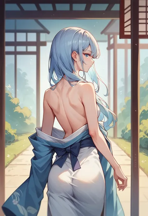 Anime School Girl, Wear a sexy outfit, Short kimono, Bare arms, Bare back, Bare shoulders, walking, Long Hair, Light blue hair, View the viewer, blue eyes