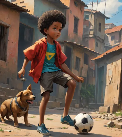 A poor Afro-Brazilian boy in a favela in Porto Alegre Rio Grande do Sul Brazil drawn by Todd McFarlane and Greg Capullo, he is wearing old and torn clothes, he is shotting a soccer ball and playing with the ball with your dog, a favela in the background, R...