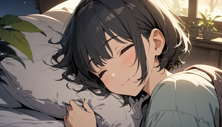 1girl, solo, gentle smile on her face flat chest, short hair, black hair, upper body((masterpiece, illustration, best quality)) ((best quality)), ((masterpiece)), (detailed), perfect face,  sleeping with her eyes closed at her room during nighttime in a su...