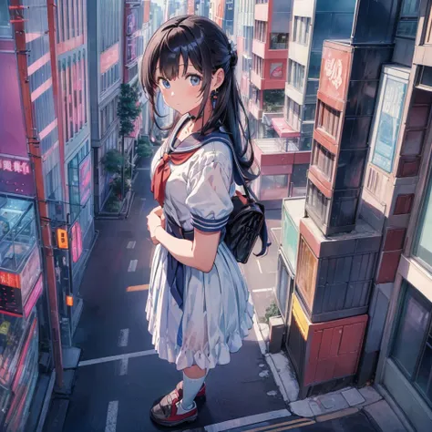 ((Top view))　((giant girl))　((giantess))　((Tall Girl))　((car))　((telephone pole))　((vending machine))　masterpiece　Unreal Engine　Anime Style　Delicate painting　4K　90s　giant　Multiple Girls　crowd　Residential Street 　Japanese house　　　Giant  standing on the road...