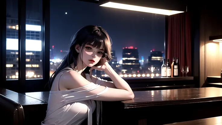 (masterpiece, Highest quality, Exquisite detail), An angle that captures the whole body, girl, alone, cool, Delicate face, The stylish, dimly lit interior of the bar，City of night, Holding a cigarette，Gazing into the distance, Wearing sunglasses