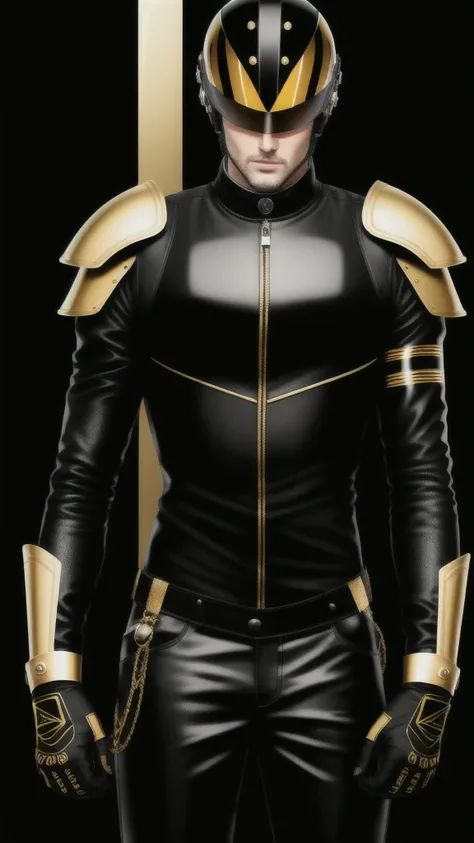 A avatar of a tall man, a misterious racer, stands trusting in a radiant black racing helmet, adorned with gleaming gold accents, paired with sleek black overalls with a gold vertical stripes and vibrant black gloves, striking a right arm lifted up pose, e...