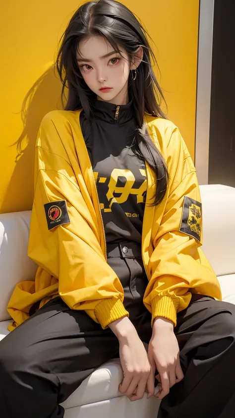 (Highest quality:1.2)。One Woman。Angry expression。(Wearing a yellow jacket cyberpunk coustem)。(sitting)。The background is a black。(the word SELA is written on his jacket ) 