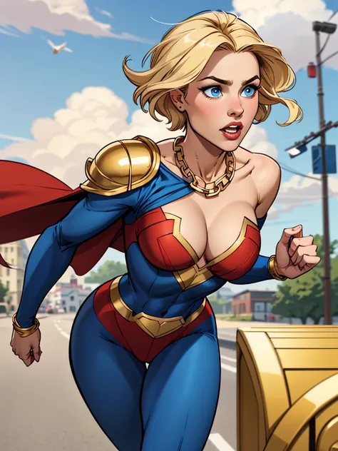 Young female, blonde with short hair, with big, bright blue eyes, wearing a blue costume, defined chest, wearing a golden shoulder pad in the shape of an eagle, with a golden chain running across his chest holding a red cape 