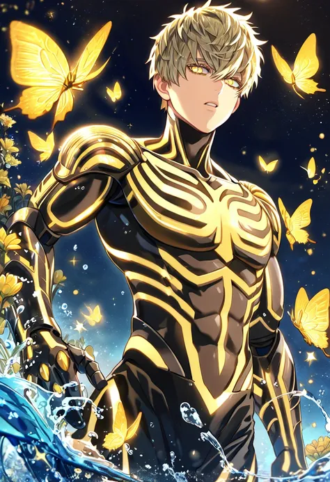 absurdres, highres, ultra detailed, HDR, master piece, best quality, extremely detailed, Genos, ash-blonde hair, expressive yellow eyes, One Punch Man, solo, sexy man, handsome, black clothes, fantasy, water, sparkling, yellow glittering fireflies, moon, y...