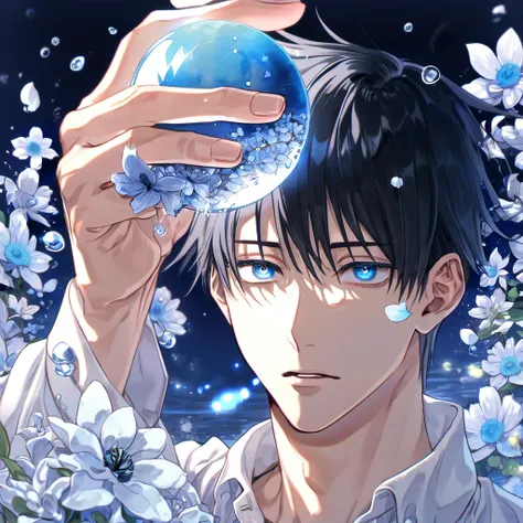 absurdres, highres, ultra detailed, HDR, master piece, Okkotsu Yuuta, black hair, expressive dark blue eyes, Jujutsu Kaisen, man, handsome, best quality, blue moon, flowers, fantasy, magical, solo, water, blue shining fireflies, blue petals, white shirt, d...