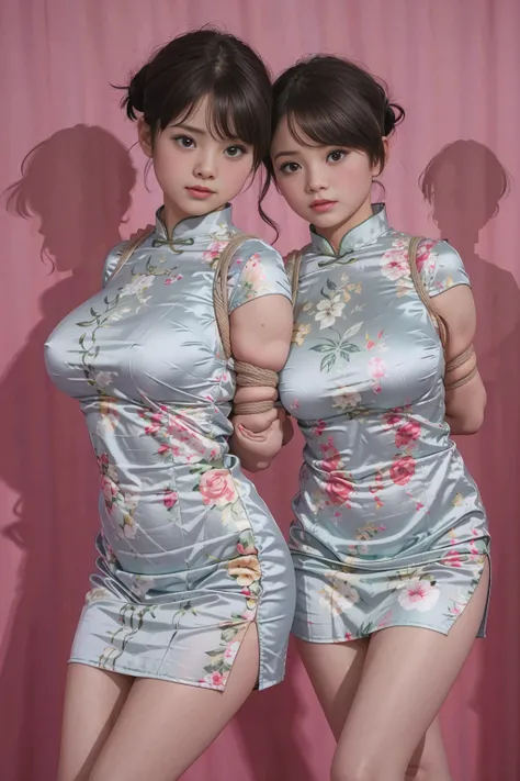 bedroom，big bed，There are paintings on the walls，curtain，Standing,2 girls,((face to face)),((Their chests were squeezed together and deformed)),bun,Shy smile,((The hemp rope is wrapped around the neck and tightened)),Short cheongsam，((huge boobs:1.4)),arms...