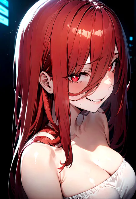 (Masterpiece:1.2, Best Quality), 1 woman, whole body, cyberpunk ropa, Casual, medium breasts,long red hair, minimal makeup,pale,Natural fabrics, closeup face, evil smile, bright red eyes circular pupils,4k high resolution,UHD, detailed lines