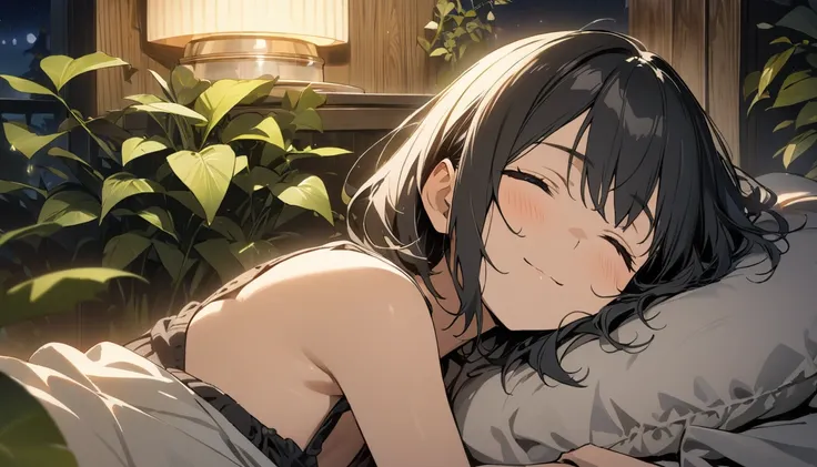 1girl, solo, gentle smile on her face flat chest, short hair, black hair, upper body((masterpiece, illustration, best quality)) ((best quality)), ((masterpiece)), (detailed), perfect face, sleeping with her eyes closed at her room during nighttime in a sub...