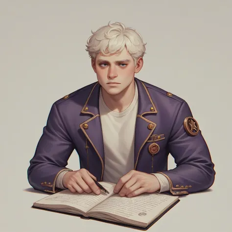 "Create a steampunk style image of an albino koala wearing a purple jacket, working on a notebook, featuring (((intricate details))), (((best quality))), (((extremely detailed quality))), and (((complex composition)))." | Related artists: James Ng, Brian K...