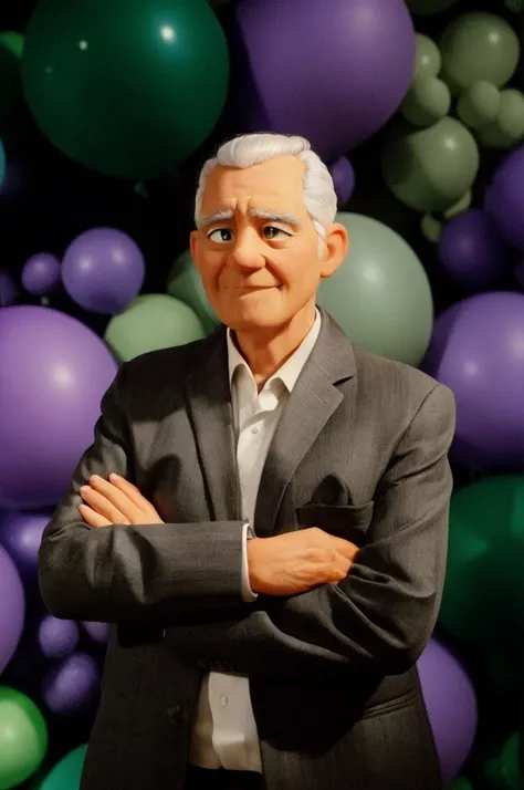 light man, 70 years old, short white hair on the sides and thinning on top, arms crossed, in a dark suit, balloons in the green and purple background