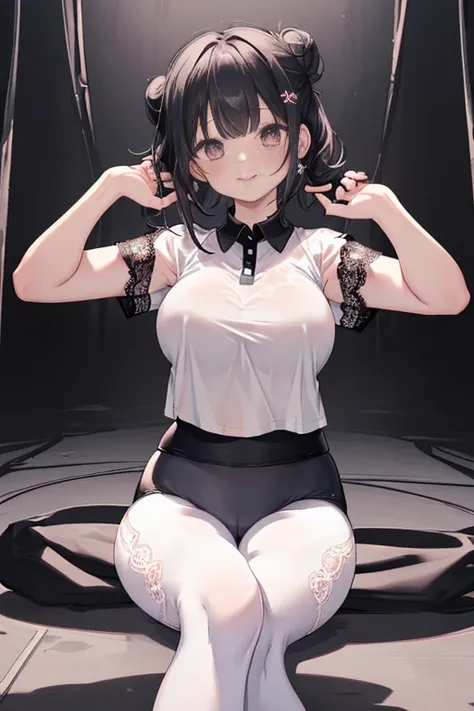 masterpiece、1 female student、(((Missing arm，Bare arms，black short sleeves)))White cloth bun、Shoulder leakage、chubby、Smile、(((Lace、black yoga pants)))pale pink lips、posing at school，（Soaked），legs are open， 独奏, White Polo Shirt, looking at the audience,  (Th...