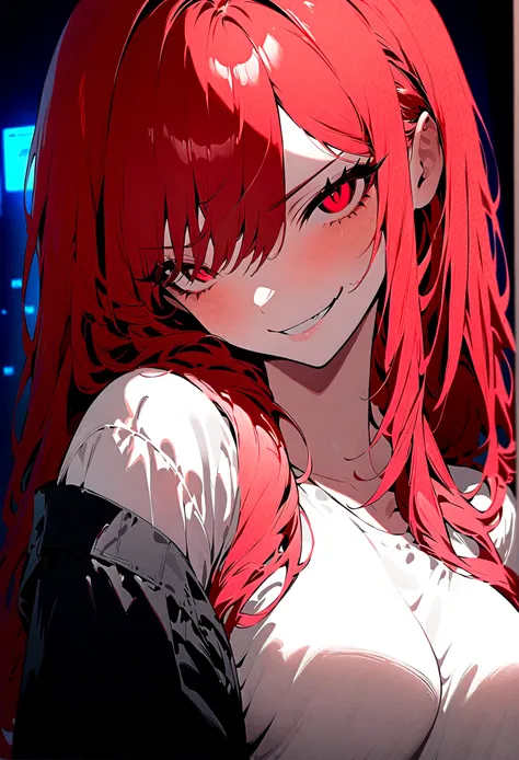 (Masterpiece:1.2, Best Quality), 1 woman, whole body, cyberpunk ropa, Casual, medium breasts,long red hair, minimal makeup,pale,Natural fabrics, closeup face, evil smile, bright red eyes circular pupils,4k high resolution,UHD, detailed lines