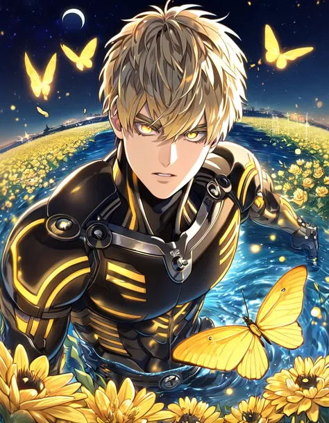 absurdres, highres, ultra detailed, HDR, master piece, best quality, extremely detailed, Genos, ash-blonde hair, expressive yellow eyes, One Punch Man, solo, sexy man, handsome, black clothes, fantasy, water, sparkling, yellow glittering fireflies, moon, y...