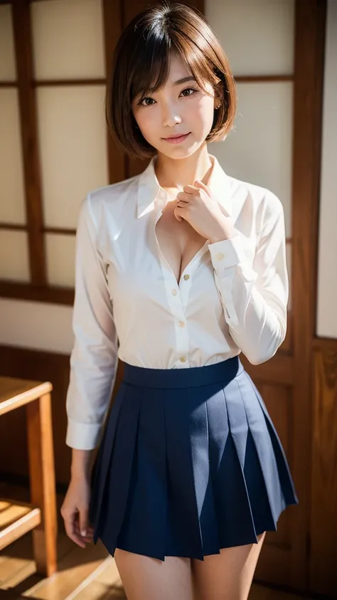 best quality, face focus, soft light, ultra high res, (photorealistic:1.4), RAW photo, 1japanese girl, solo, cute, (shy smile:0.5), (brown eyes, lights in the eyes),  detailed beautiful face, (small chest),(high resolution detail of human skin texture), (s...