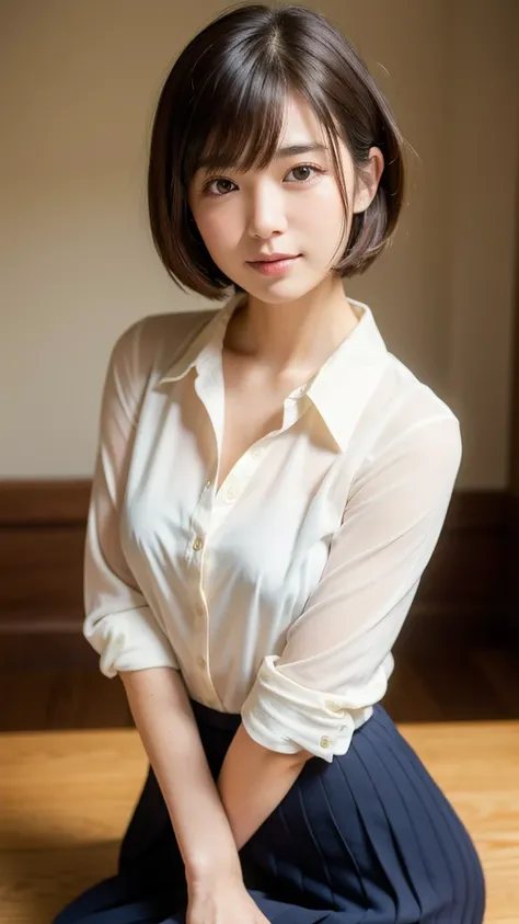 best quality, face focus, soft light, ultra high res, (photorealistic:1.4), RAW photo, 1japanese girl, solo, cute, (shy smile:0.5), (brown eyes, lights in the eyes),  detailed beautiful face, (small chest),(high resolution detail of human skin texture), (s...