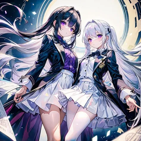 ((best quality)), ((masterpiece)), (detailed), whole body，2 girls，Loli，1 person white hair eyes white suit white JK skirt，White stockings girl。1 black hair purple eyes black suit black JK skirt black girl