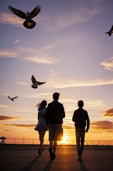 Girl and boy walking on a sunset with a big pigeon in the background 