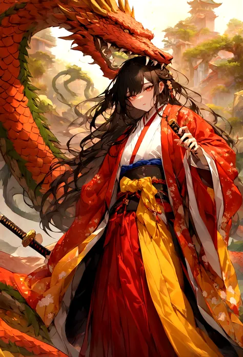 /imagine "A young warrior with long, silky hair, with a beautiful and captivating appearance. He wears a detailed traditional Japanese kimono, and two katanas are firmly attached to his waist. The young man is facing an imposing and majestic Chinese dragon...