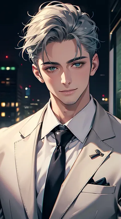 (Highest quality,4K,8K,High resolution,masterpiece:1.2),Super detailed,(Realistic,photoRealistic,photo-Realistic:1.37),1 person,31 years old,Mature Men,Beautiful skin、very handsome,Expressionless smile in love,Short gray blue hair,green eyes,Sharp Eyes,A p...