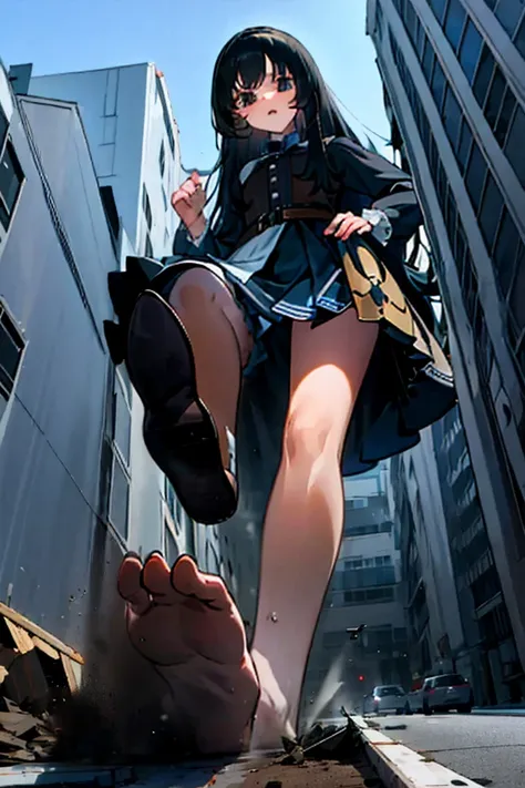 Girl with long black hair, girl taller than the building, casual clothes, cute face, brown eyes, girl raising one of her legs, the soles covered with rubble, shot from below