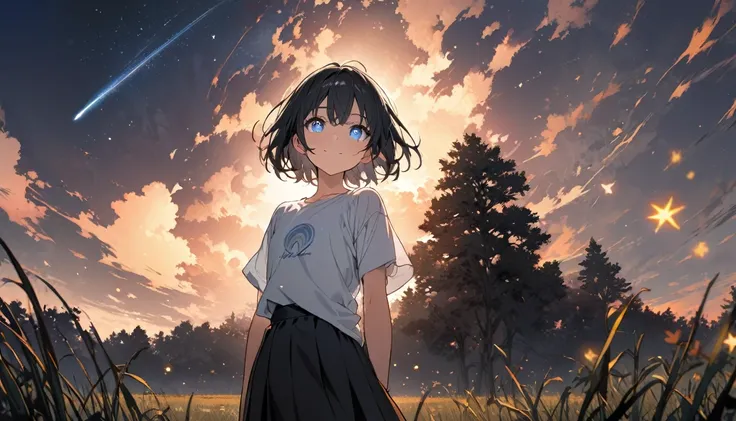 1girl, solo, blue eyes, (detailed eyes), flat chest, blue eyes, (detailed eyes), gentle smile on her face, short hair, black hair, ((white t-shirt)), simple t-shirt, black skirt, black socks, upper body, ((masterpiece, illustration, best quality)) standing...