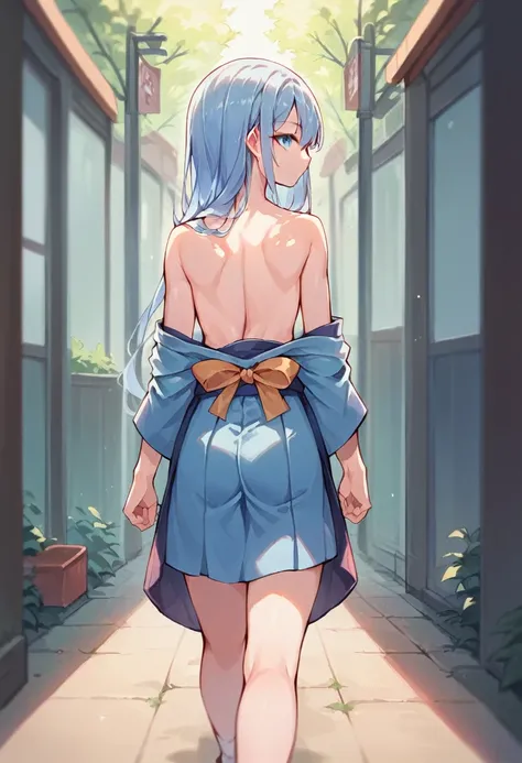 Anime School Girl, Wear a sexy outfit, Short kimono, Bare arms, Bare back, Bare shoulders, walking, Long Hair, Light blue hair, View the viewer, blue eyes