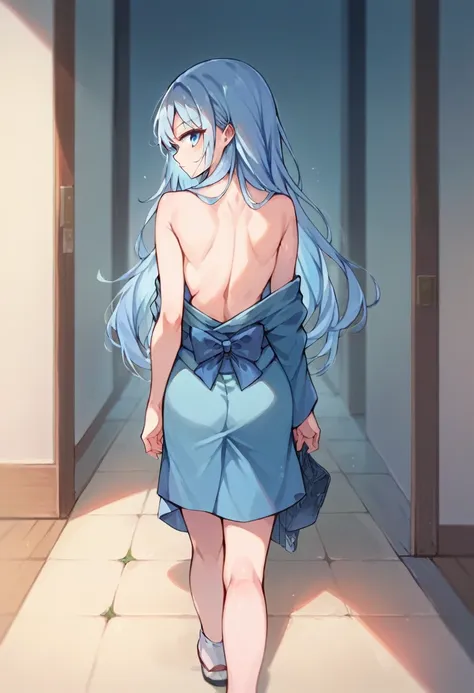 anime school girl, wear a sexy outfit, short kimono, bare arms, bare back, bare shoulders, walking, long hair, light blue hair, ...