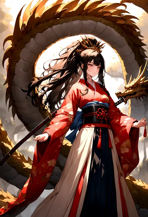 /imagine "A young warrior with long, silky hair, with a beautiful and captivating appearance. He wears a detailed traditional Japanese kimono, and two katanas are firmly attached to his waist. The young man is facing an imposing and majestic Chinese dragon...