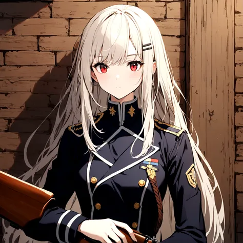 1girl, dark blue military uniform, grey blond hair, long hair, red Eyes, hairclip, wooden rifle, wall background