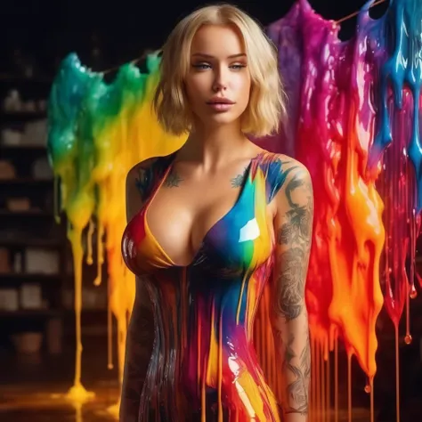 Beautiful blonde woman, with wax dress melting and dripping down the body (masterpiece: 1.2), (best quality), 4k, ultra-detailed, (dynamic composition: 1.4), highly detailed, colorful details, (iridescent colors: 1.2), (bright lighting, atmospheric lightin...