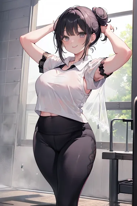 masterpiece、1 female student、(((Missing arm，Bare arms，black short sleeves)))White cloth bun、Shoulder leakage、chubby、Smile、(((Lace、black yoga pants)))pale pink lips、posing at school，（Soaked），legs are open， 独奏, White Polo Shirt, looking at the audience,  (Th...