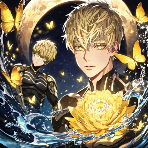 absurdres, highres, ultra detailed, HDR, master piece, best quality, extremely detailed, Genos, ash-blonde hair, expressive yellow eyes, One Punch Man, solo, sexy man, handsome, black clothes, fantasy, water, sparkling, yellow glittering fireflies, moon, y...