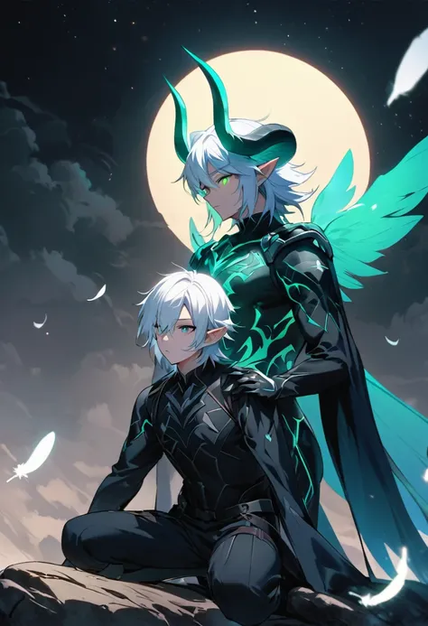 image of a male character kneeling on a rock under the full moon. The character has white hair, glowing green eyes, and large blue wings. He is wearing dark, form-fitting combat-style clothing. Modify the character to have pointed ears and curved horns, ad...