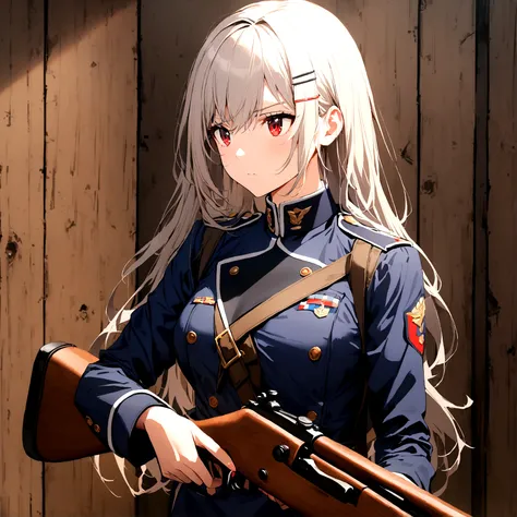 1girl, dark blue military uniform, grey blond hair, long hair, red Eyes, hairclip, wooden rifle, wall background