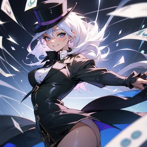 female, top hat, magic wand, open leather jacket, high wire socks, smile, white hair, medium breasts, money falling on background, casino