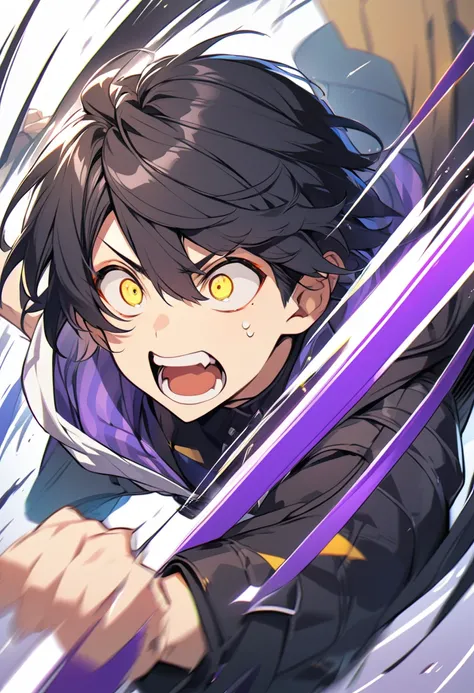 (One cute boy,Black hair with blue-purple stripes,Shortcuts,yellow eyes,Sharp Eye,Hooded coat,Dynamic Angle)