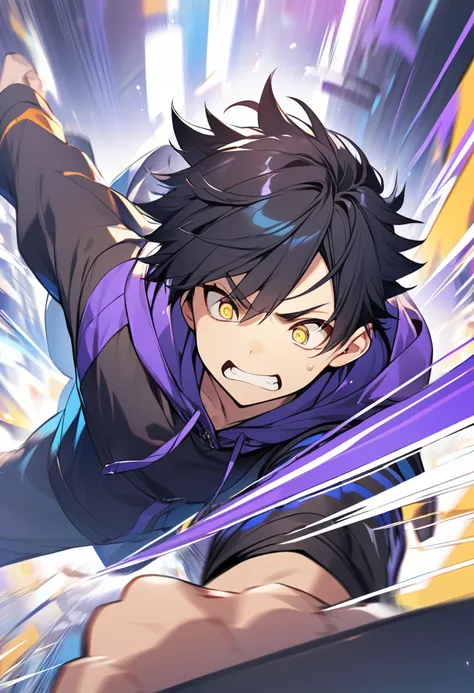 (One cute boy,Black hair with blue-purple stripes,Shortcuts,yellow eyes,Sharp Eye,Hooded coat,Dynamic Angle)