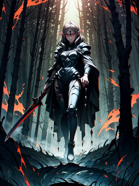 (((masterpiece, highest quality, 8k)))A stunning artwork of a fierce demonic elf standing in a cursed forest. The full-body view showcases her in dark armor, exuding an aura of malevolent grace and unyielding power. Her long, flowing dark gray hair frames ...