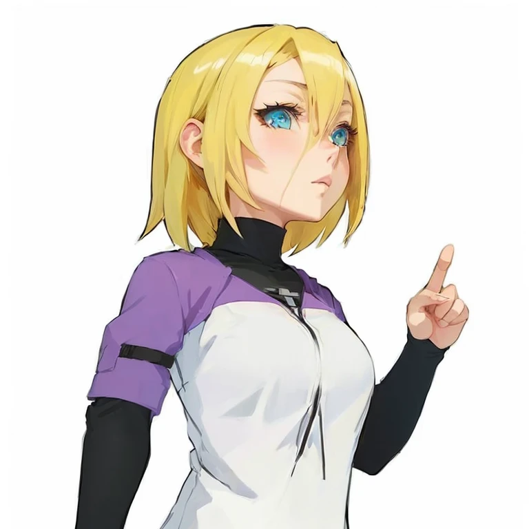 Anime girl with blonde hair and blue eyes pointing at something, anime style character, anime character, female anime character, rei hiroe, looking like Annie Leonhart, as an anime character, anime girl named Lucy, official character art, with index finger...